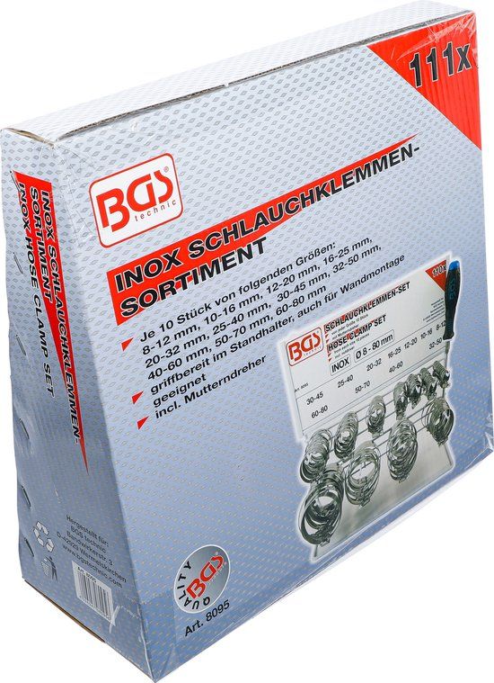 BGS Slangklem assortiment roestvrij rekje 111 delig