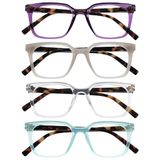OPULIZE KOI Leesbrillen 4-Pack - Groot Rechthoekig Montuur - Paars-Grijs-Helder-Aqua - Heren Dames - Veerscharnieren - RRRR50-57CQ - +2.00