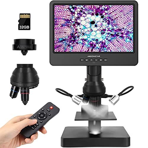 Andonstar AD249S Digitale HDMI Microscoop met 10 ''scherm, 4000X Drie Lens Biologische Microscoop, Muntmicroscoop Kit voor Kinderen en Volwassenen, Foto/Video Opname, Windows Compatible, 32G Card Inbegrepen