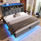 STILVORA Gestoffeerd bed 140x200cm – Tweepersoonsbed met hydraulische opbergruimte & LED-strip – Zwevend hoofdeinde met USB – Linnen – Grijs – Zonder matras