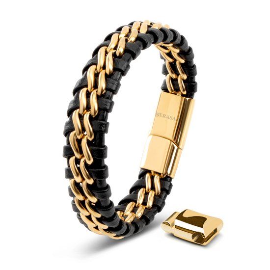 SERASAR Lederen Armband Heren [Steel] - Goud 17cm