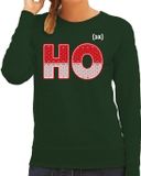 Bellatio Decorations Foute Kersttrui - sweater - HO HO HO - groen - voor dames - kerstkleding / kerst outfit S