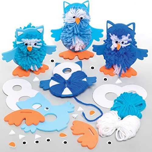 Baker Ross FE969 Sneeuwuil Pom Poms Kits - Set van 3, Kerst Ambachten, Pom Pom Decoraties voor kinderen om te maken, te versieren en te tonen, Creatieve activiteiten voor kinderen