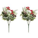 Admired By Nature 10 stengel kunstmatige hulstbladeren bessen kerst struik huisdecoratie, indoor bloemstuk, 2 stuks set