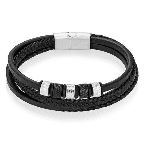Mendes Leren Multi armband RVS kralen Zwart Zilverkleurig-22cm