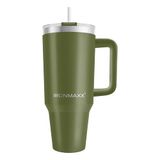 IronMaxx Cup met handvat, olijfgroen, 1,2 liter, met rietje en slank modern design van roestvrij staal, lekvrij deksel en dubbelwandige isolatie, houdt warm en koud