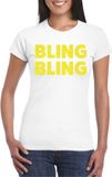 Bellatio Decorations T-shirt voor dames - bling - wit - geel glitter - S
