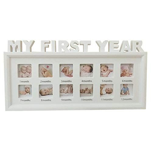 DUEBSN DUBENS Baby fotolijst, My First Year verjaardag infant baby fotolijst Multi aperture foto collage fotolijst met 12 opening staand om op te hangen fotolijst baby aandenken, 41 x 21 cm