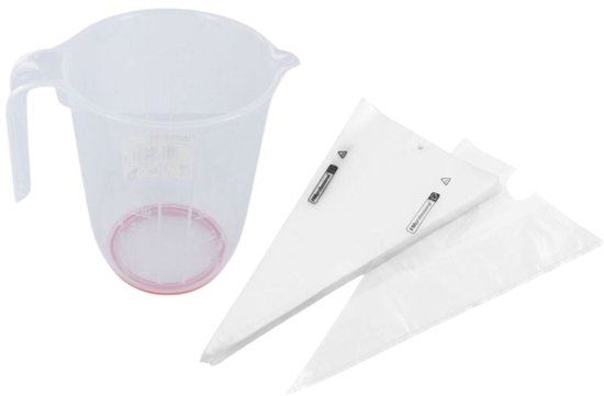 Fackelmann Set van 100 wegwerp professionele spuitzakken 50 cm en doorzichtige maatbeker van plastic 1 liter