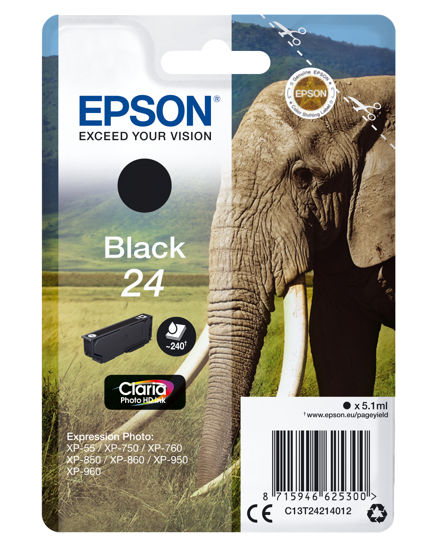 Epson Elephant Singlepack Black 24 Claria Photo HD Ink single pack / zwart