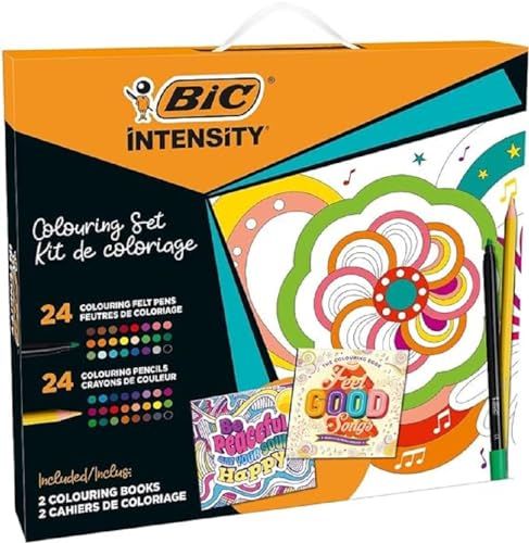 BIC Intensity schilderset met viltstiften, kleurpotloden en kleurboeken: Be Peaceful: Colour Your Soul Happy and Feel-Good Songs – verschillende kleuren, set van 50