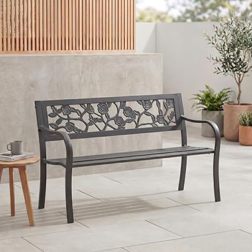 Garden Vida Stalen tuinbank, Rose Design 3-zits tuinmeubilair zitplaatsen park patio stoel, zwart