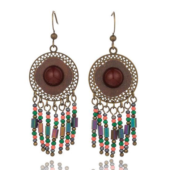 Deja Jewels Lookinggoodtoday Bohemien oorhangers - Rond, bruine steen en kleurrijke kralen