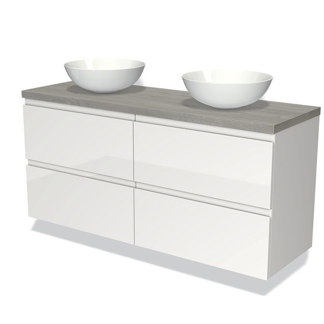 Maxaro Badkamermeubel voor Waskom 140cm Modulo Plato Hoogglans Wit 4 Lades Greeploos Grijs Eiken Blad