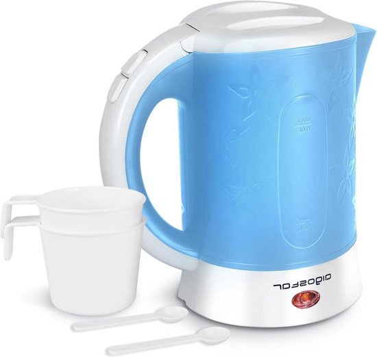 Reiswaterkoker 650 Watt 0.6 Liter Automatische uitschakeling - inclusief 2 kopjes en 2 lepels - Blauw