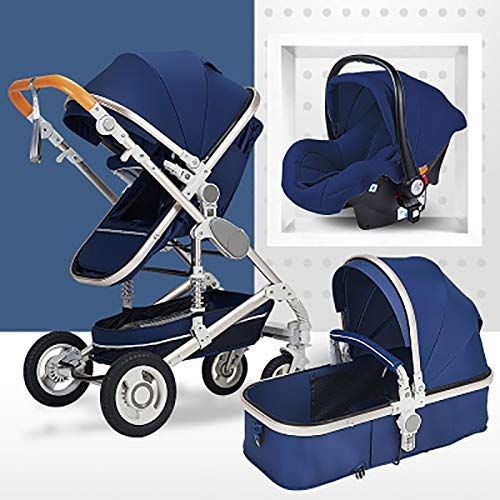TXTC 3 In 1 Wandelwagen Vouwbare Luxe Kinderwagen Anti-Shock Veren Hoge Mening Kinderwagen Kinderwagen Met Baby Mand (Zilver buis-Blauw)