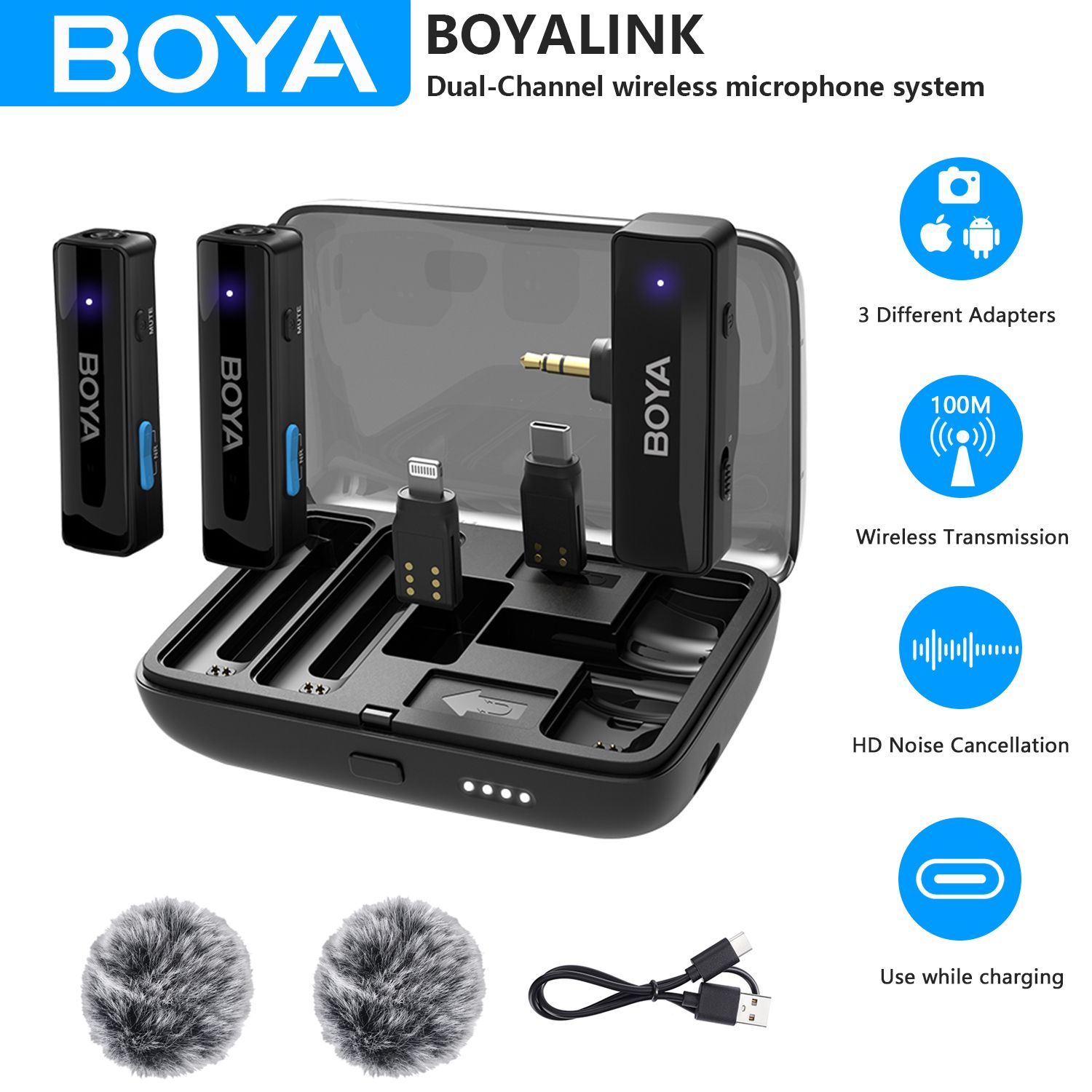 BOYA BOYALINK Alles-in-één draadloze lavaliermicrofoon voor iPhone Android DSLR-camera