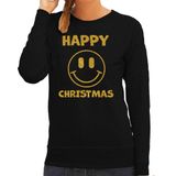 Bellatio Decorations foute kersttrui/sweater dames - Happy Christmas - zwart - glitter goud - Smile / Emoticon S