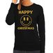 Bellatio Decorations foute kersttrui/sweater dames - Happy Christmas - zwart - glitter goud - Smile / Emoticon S