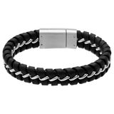 Lucardi - Heren Stainless steel herenarmband gevlochten leer zwart - Armband - Staal - Zwart - 22 cm