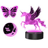 MyBeo Lampe de chevet LED, lampe à illusion 3D avec support de table, avec 3 motifs : licorne, papillon et lune, 16 couleurs, télécommande et capteur tactile, dimmable, fonctionne sur USB ou piles, 19 cm de haut
