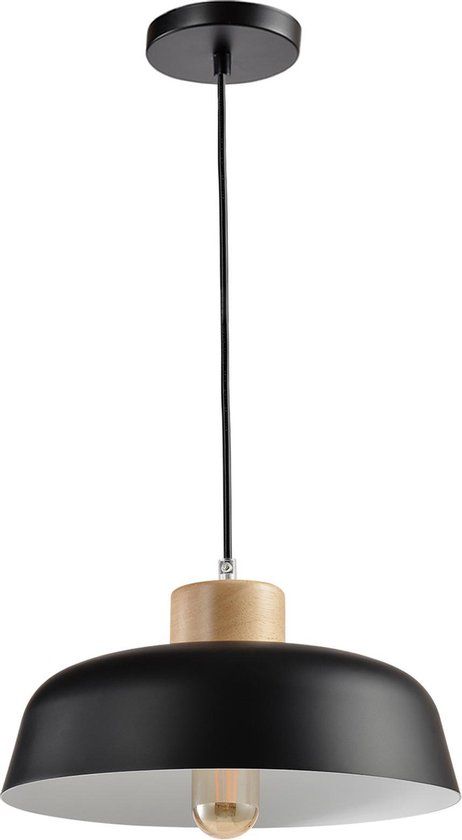 QUVIO Hanglamp Scandinavisch - Rond van metaal en hout - Diameter 30 cm - Zwart en bruin