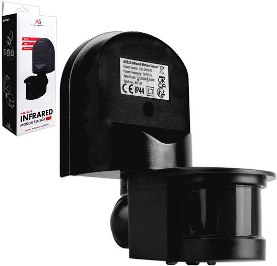 Maclean MCE25 B/B Bewegingsmelder Wand PIR 180° | Schemersensor | IP44 Buiten & Binnen | LED-geschikt | Verstelbaar bereik 5–12 m | Zwart