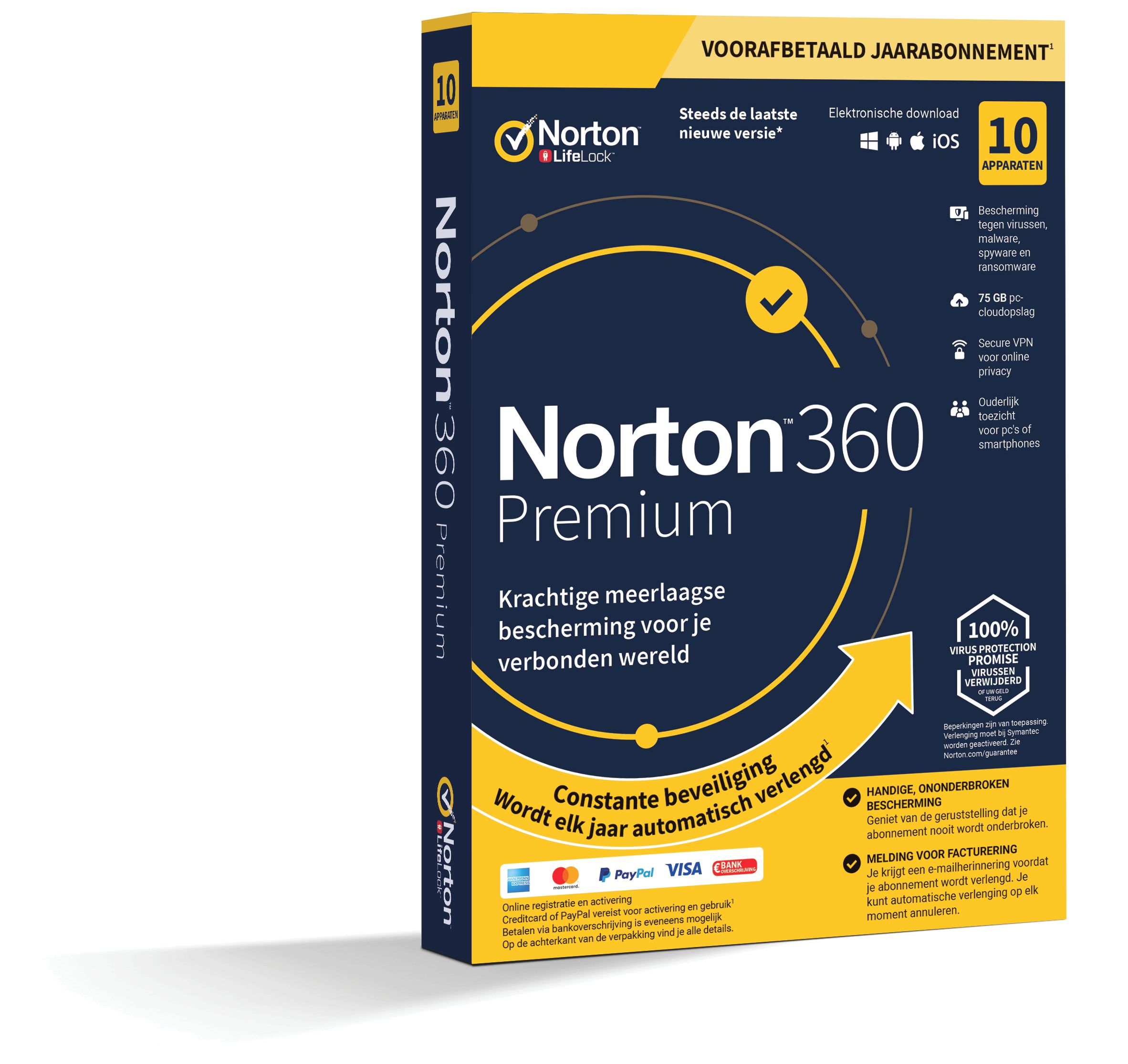 Norton 360 Premium | 10 Apparaten - 1 Jaar | Windows - Mac - Android - iOS | 75GB Cloud Opslag