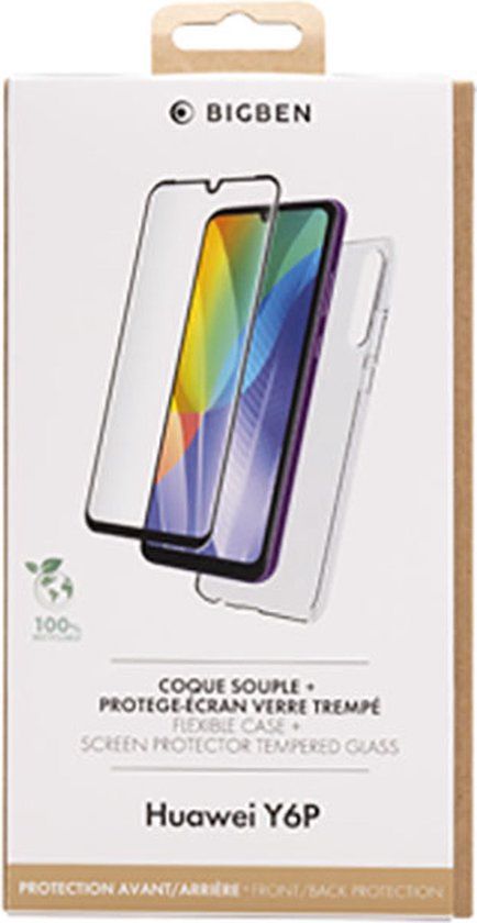 Bigben Connected, Hoesje geschikt voor Huawei Y6P - TPU met 2.5D Tempered Glass Screenprotector, Transparant