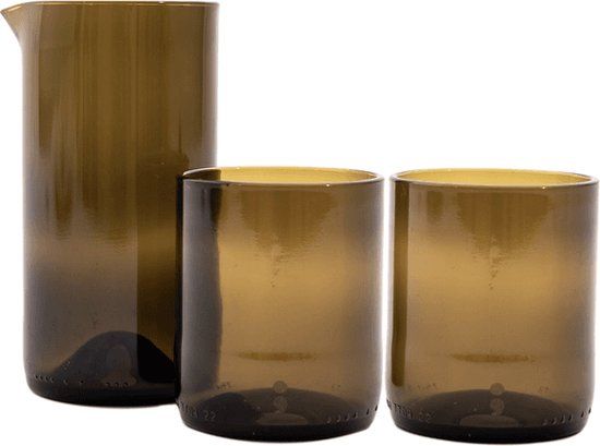 Point-Virgule Set Karaf 450ml & 2 Glazen 250ml - Upcycled Glas - Olijfgroen