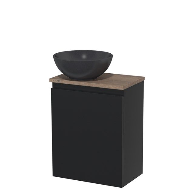 Maxaro Toiletmeubel met Waskom Quartz Modulo Mat Zwart Greeploos 41 cm Middenbruin Eiken Blad