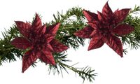 Billiet - Vanlaere Fleur de Noël sur clip - 2x pièce - rouge foncé pailleté - plastique - 18 cm