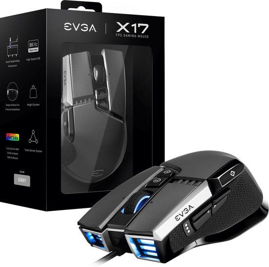 EVGA X17 Gaming Muis - Grijs - 16000 DPI - 10 Knoppen - RGB