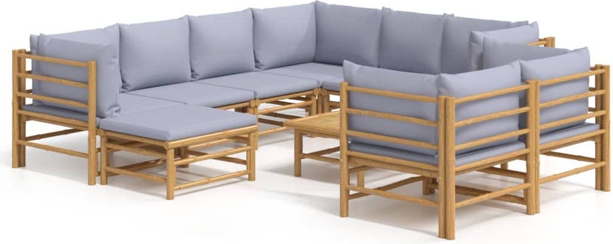 vidaXL 10-delige Loungeset met lichtgrijze kussens bamboe - bruin
