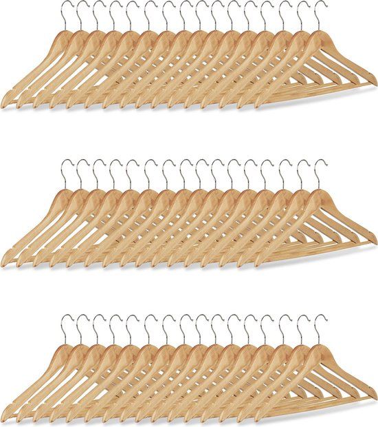 Relaxdays Garderobehangers - Set van 48 - Hout - Draaibaar - 44,5 cm - Lichtbruin/Zilver