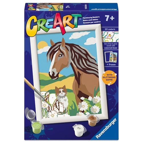 Ravensburger CreArt Serie E: Vrienden op de weide, schilderen op nummer, schilderset voor kinderen, inclusief lijst, pedagogisch en creatief spel, cadeau-idee voor kinderen vanaf 7 jaar, 13 x 18 cm