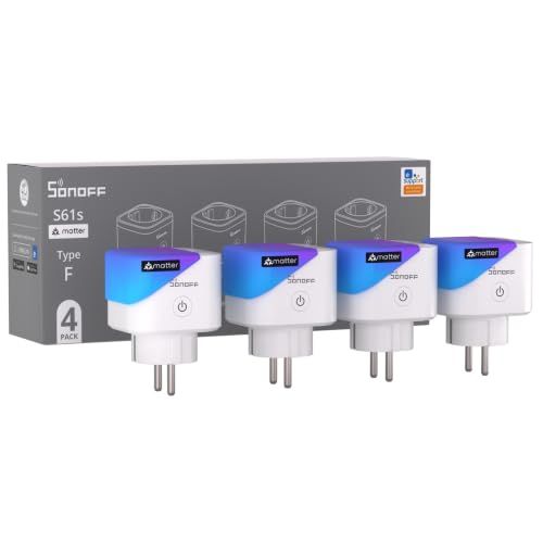 SONOFF S61s Slimme Stekker WiFi 16A/3840W – Afstandsbediening & Spraakbesturing, Energieverbruik Meten, Timer, Matter-compatibel met Alexa, Google en Apple Home (4-Pack)
