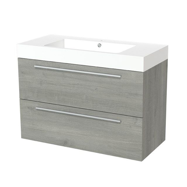 Maxaro Badkamermeubel 100cm Modulo Grijs Eiken 2 lades Vlak Wastafel Mineraalmarmer