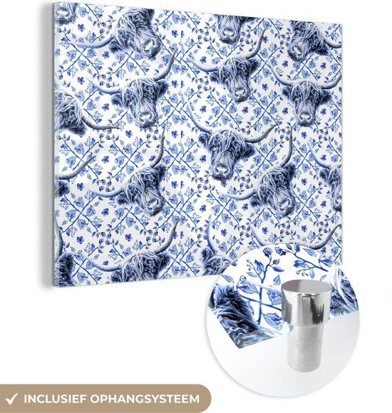 MuchoWow® Glass Painting 80x60 cm - Acrylic Glass Painting - Scottish Highlander - Cow - Delft Blue - Photo on Glass - Paintings