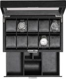 ROTHWELL leren horlogebox met 10 compartimenten, luxe horlogekast, display organizer, afsluitbare sieradenhorlogehouder met glazen deksel (zwart/grijs)