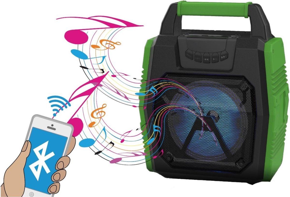Benson Bluetooth Speaker - Zwart/Groen - Radio - LED Verlichting - 25.9 x 15.1 x 34.1 cm