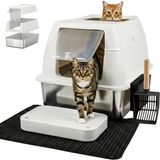Merkloos Kattenbak Roestvrij staal - Gesloten kattentoilet - Extra groot - 38 l - Met schep en mat