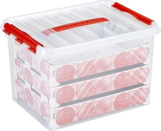 Sunware Q-line Kerstballen Opbergbox 22L - Trays voor 60 kerstballen - Transparant/rood