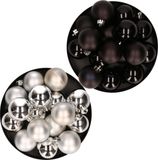 Kerstversiering kunststof kerstballen kleuren mix zwart/ zilver 4 en 6 cm pakket van 80x stuks