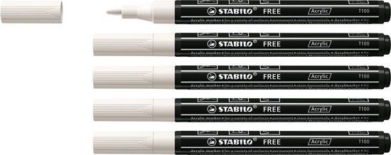 STABILO FREE - Acryl Marker - T100 - Ronde Punt - 1-2 mm - Wit - 5 stuks