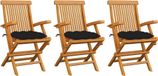 Teakwood Chaises pliantes avec coussins noirs, 3 pièces