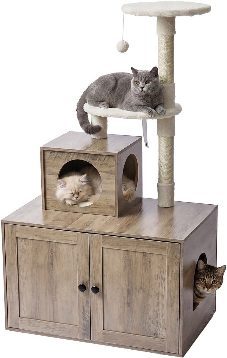 Relaxdays Krabpaal met kattenbakkast, HBT: 133x78x49 cm, lichtbruin