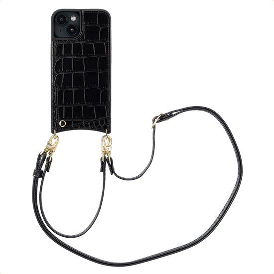 Selencia Hoesje - Geschikt voor Apple iPhone 14 / 13 - Croco Backcover met koord en pashouder - Zwart
