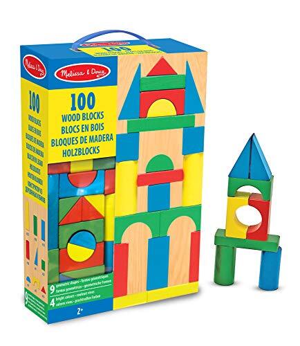 MELISSA & DOUG Set met houten bouwblokken (ontwikkelingsspeelgoed, 100 blokken in 4 kleuren en 9 vormen, geweldig cadeau voor meisjes en jongens - ideaal voor kinderen van 3, 4, 5, 6, 7 en 8 jaar)
