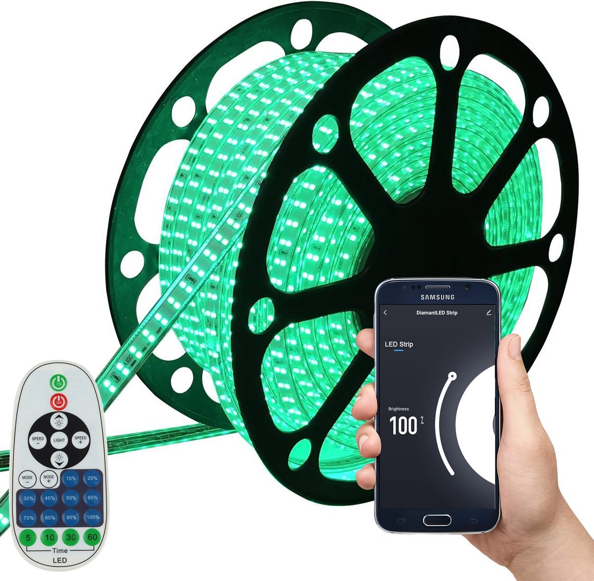 DiamantLED LED Strip Groen - 10 meter in een ROL - 220V - 2835SMD - 180L/M - IP65 - Met Wifi App + IR 23 knops afstandsbediening